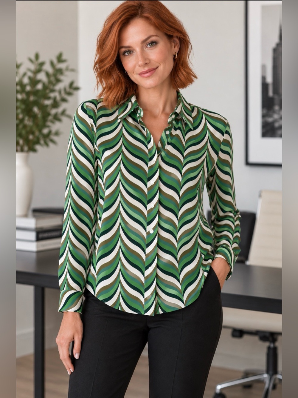 Green Wave-Print Button Front Blouse